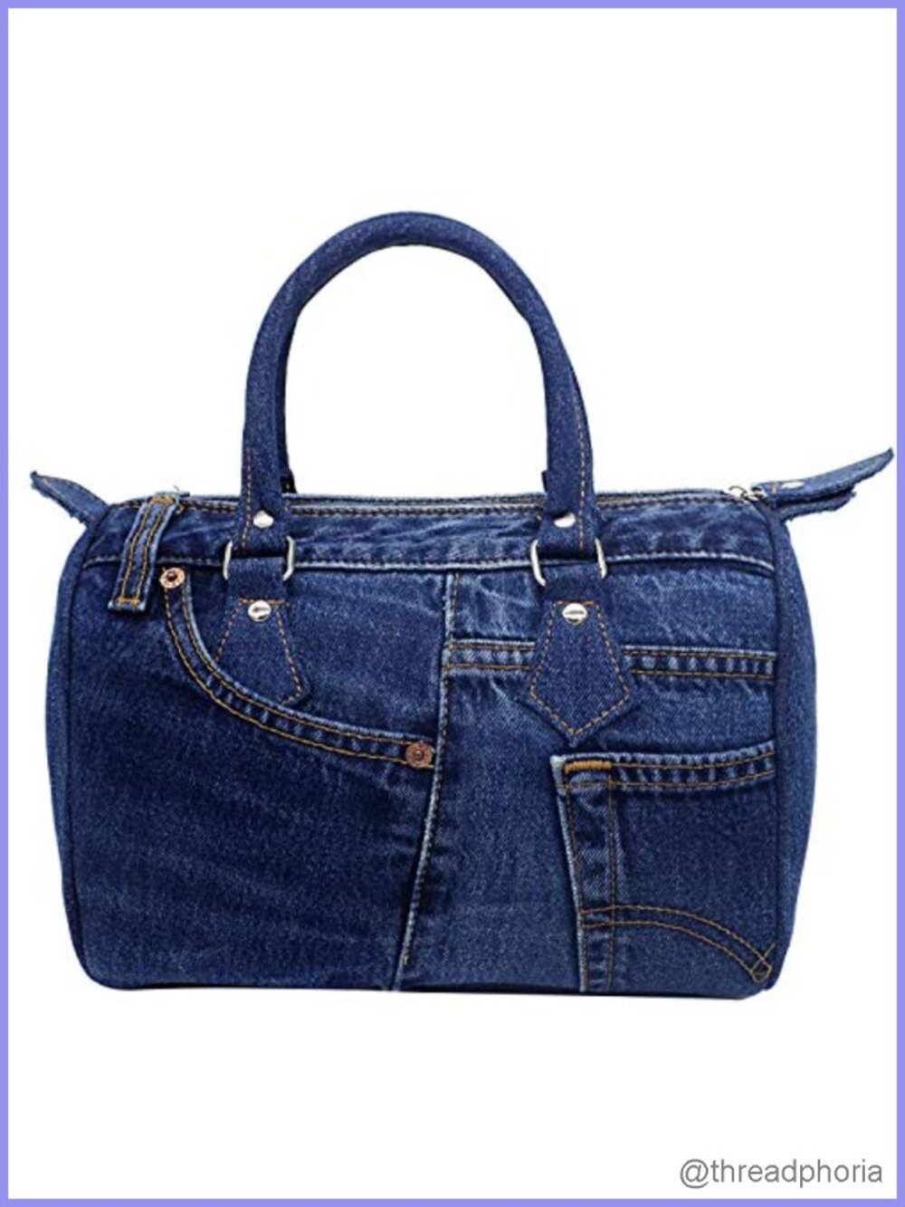 Upcycled Denim Bowler Satchel Top Handle Shoulder Bag Adjustable Strap